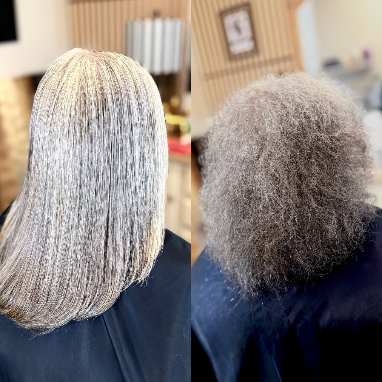 Coarse silver-grey curls — smoothed into a sleek, effortless blowout.