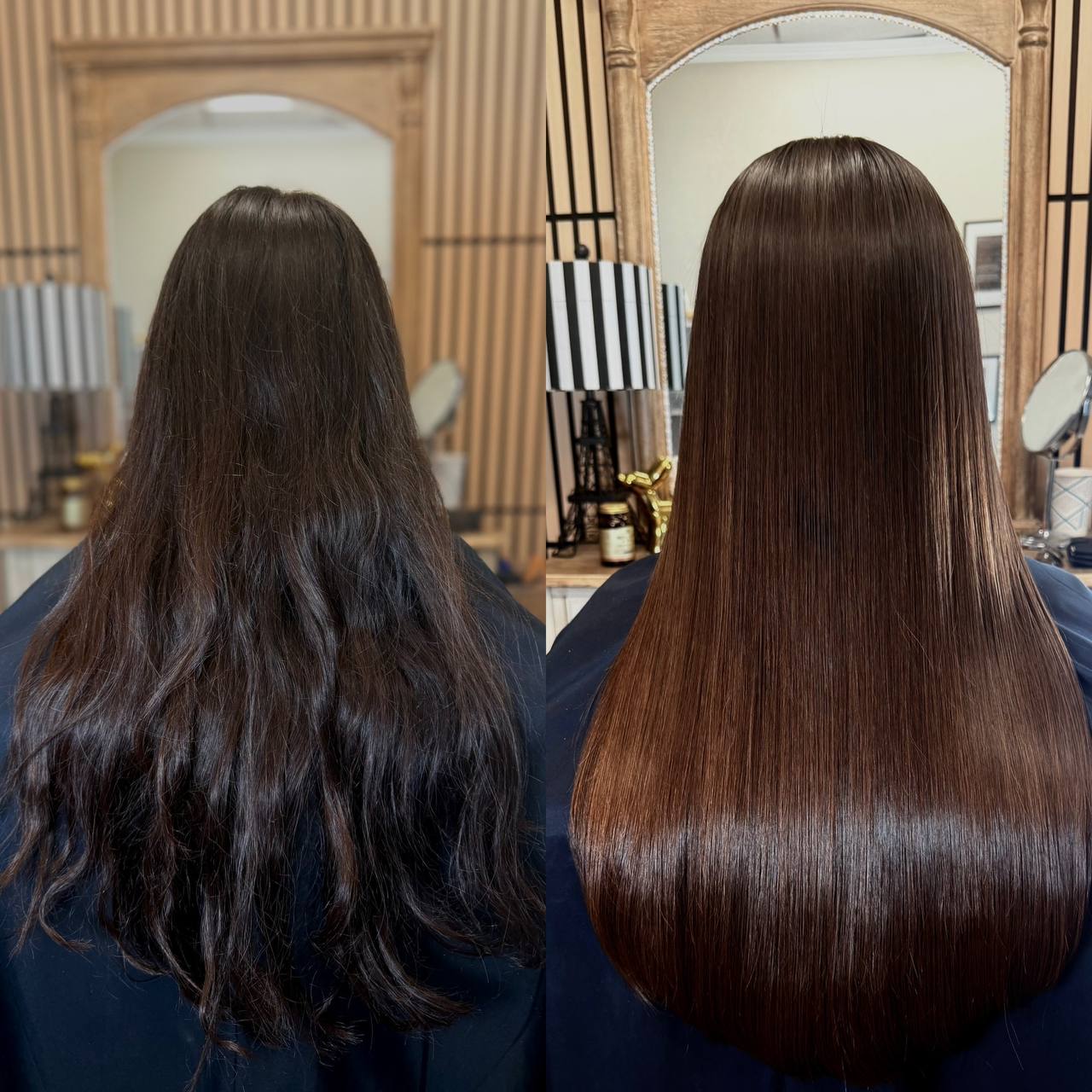 Long brunette with dull, wavy ends — glass-smooth from root to tip.